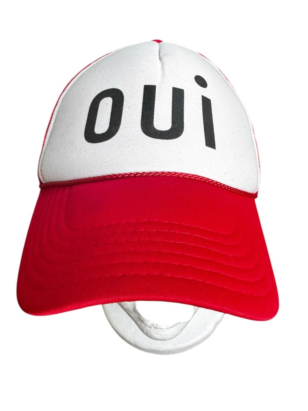 Clare V Red and White 'oui' Trucker Cap
